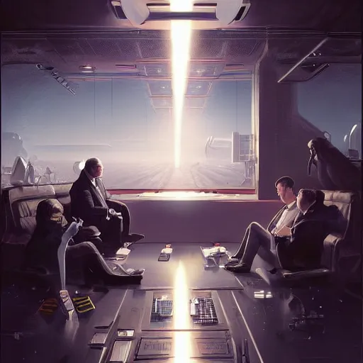 Image similar to portrait of meeting between elon musk, mark zuckerberg, jeff bezos, very detailled, art contest winner on behance, trendy on deviant art, by by artgem, greg rutkowski