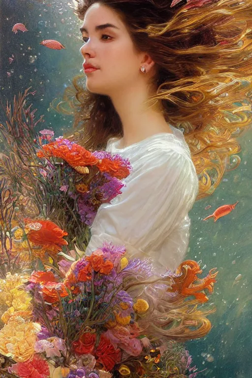 Image similar to portrait of a beautiful mysterious woman holding a bouquet of flowing flowers, hair flowing upwards, small bubbles from her mouth, hands hidden under the bouquet, submerged underwater filled with colorful small fish and coral reef, fantasy, regal, intricate, by stanley artgerm lau, greg rutkowski, thomas kindkade, alphonse mucha, loish, norman rockwell