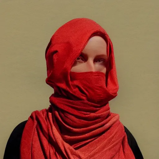 Prompt: woman with cloth covering her whole face, highly detailed, modern, digital art, red, unreal engine, photorealism, cinematic lighting, 8k photorealistic, dramatic, trending on artstation, by Greg Rutkowski