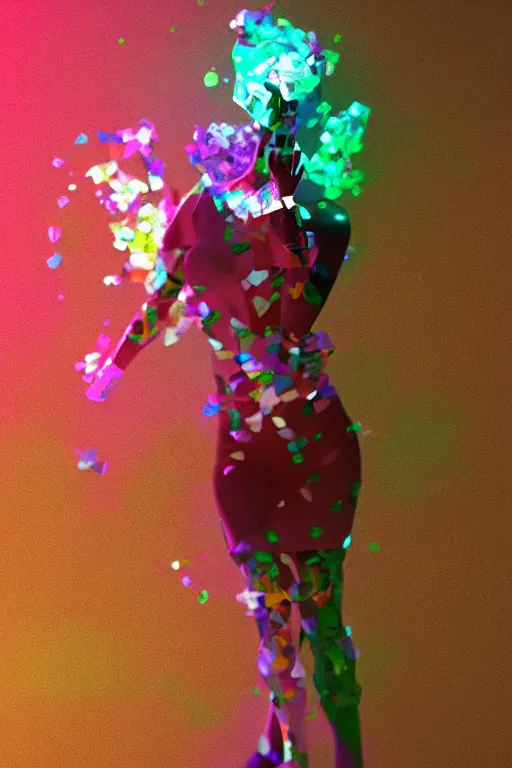 Prompt: woman made of little pieces of glass, dancing, octane render, colorful, shiny, dramatic lighting, realistic