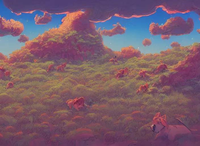 Prompt: concept art of a puppy landscape made of thousands of puppies, cel shaded, in the style of makoto shinkai and moebius and peter mohrbacher and anton fadeev