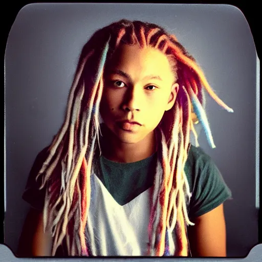 Image similar to a boy with colored dread hair in dark room flash, polaroid effect!!!