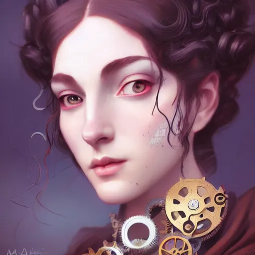 Image similar to character concept portrait of a steampunk woman with pale face, intricate, elegant, digital painting, concept art, smooth, sharp focus, illustration, by mandy jurgens and william - adolphe bouguereau, artgerm,