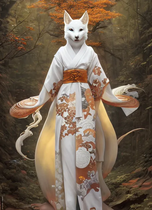 Image similar to white kitsune in autumn color kimono with art nouveau swirls, subsurface scattering, by jesper ejsing, justin gerard, tomasz alen kopera, cgsociety and fenghua zhong, highly detailed, rim light, cinematic lighting, illustration, art, octane render, very coherent, cinematic, hyper realism, high detail, octane render, 8 k