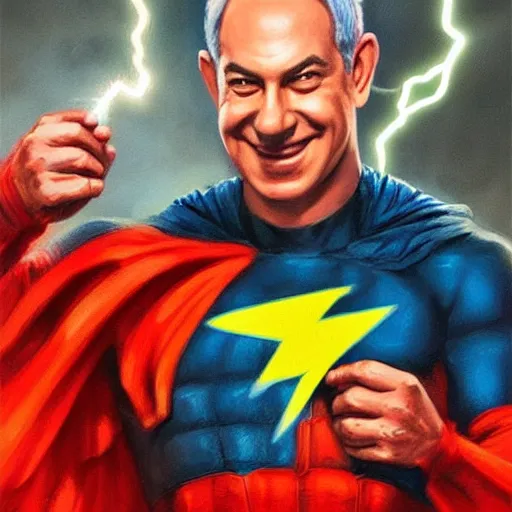 Image similar to portrait of benjamin netanyahu grinning while holding lightning bolts with his hands, superhero art, by artgerm and greg rutkowski