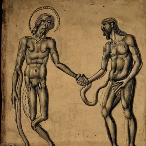 Image similar to depiction of adam and eve shaking hands with an anthromorphic snake