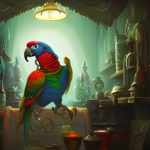 Image similar to Anthropomorphized Parrot shopkeeper, magic the gathering artwork, D&D, fantasy, shelves full, in shop, cinematic lighting, centered, highly detailed, digital painting, artstation, concept art, smooth, sharp focus, illustration, volumetric lighting, 8k, art by Akihiko Yoshida and Greg Rutkowski