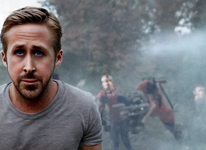 Prompt: ryan gosling in a fight with ant aliens, still from horror movie, movie shot, extremly high quality, uhd, 4 k, cinematic lighting