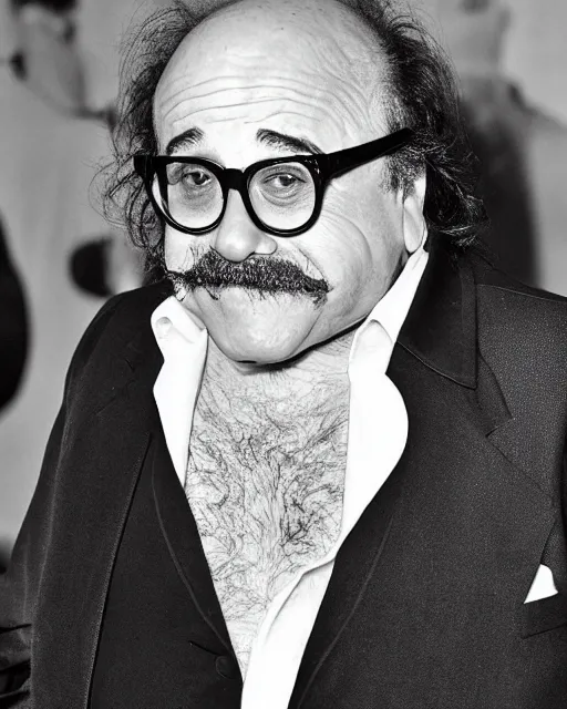 Image similar to danny devito with a long twirly mustache like salvador dali