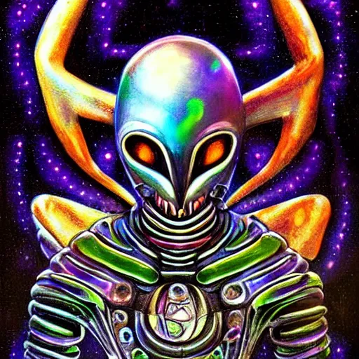 Image similar to alien robot shaman, talisman, prism, lowbrow surrealism