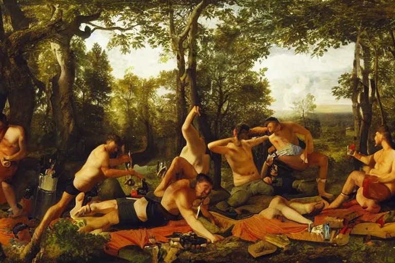 Image similar to mid - thirties guys binge drinking in a forest, in the style of skovgaard