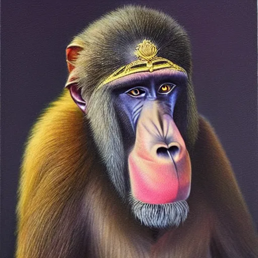 Image similar to An exquisite oil painting of a mandrill baboon dressed like Prince Philip with a lovely beard