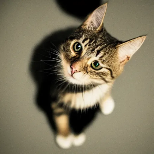 Image similar to cute cat with stumpy tiny legs, view from floor, cinematic lighting