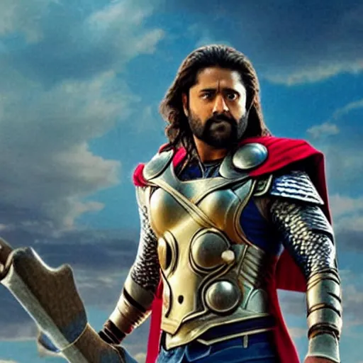 Image similar to film still of rocking star yash as thor in thor ragnarok