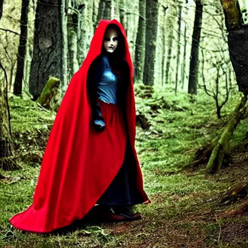 Prompt: photo of a real-life beautiful red riding hood rogue