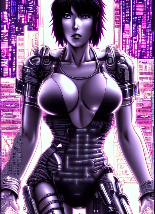 Image similar to motoko kusanagi in grungy cyberpunk megacity, intricate and finely detailed, cyberpunk vaporwave, portrait by j scott campbell