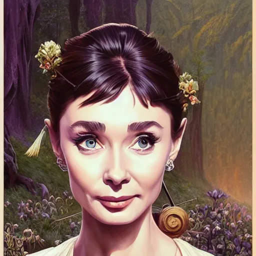 Image similar to audrey hepburn as a witch in an epic fantasy novel, various backgrounds, intricate, elegant, highly detailed, digital painting, artstation, matte, illustration, art by artgerm, greg rutkowski, loish, rhads, ferdinand knab, makoto shinkai, lois van baarle, ilya kuvshinov, rossdraws, tom bagshaw