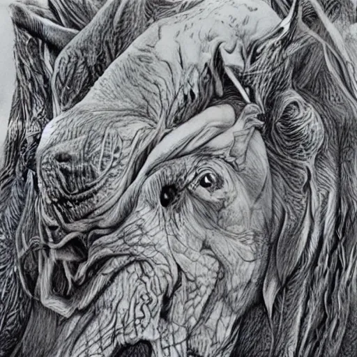 Image similar to surreal creatures drawn in ballpoint pen shading