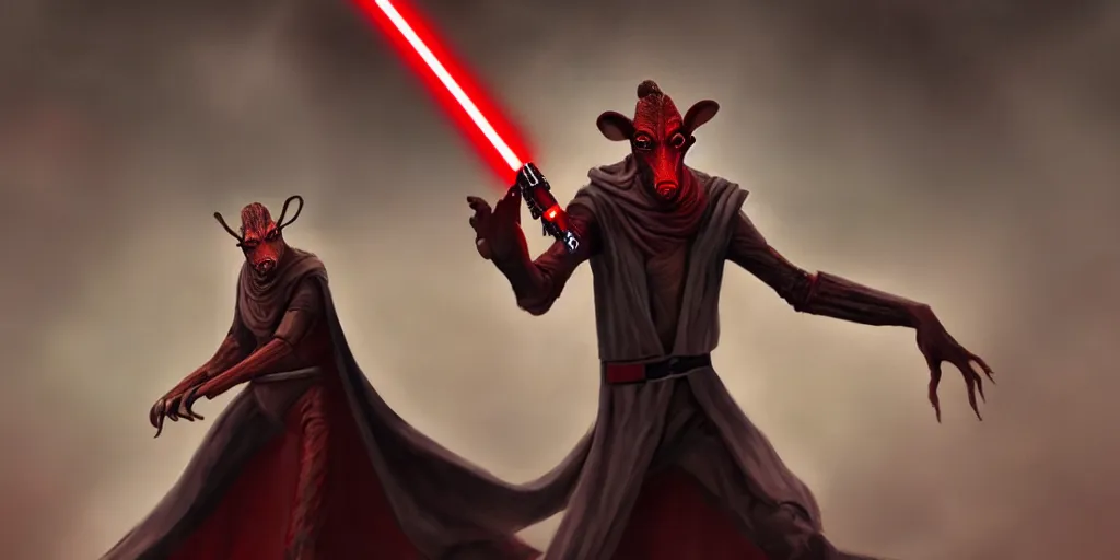 Prompt: jar jar binks as a sith lord, holding a red lightsaber, in the style of artstation, 4 k