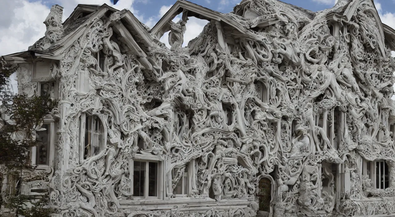 Prompt: a marble sculpture of a chalet hyperdetailed and hyperdetailed