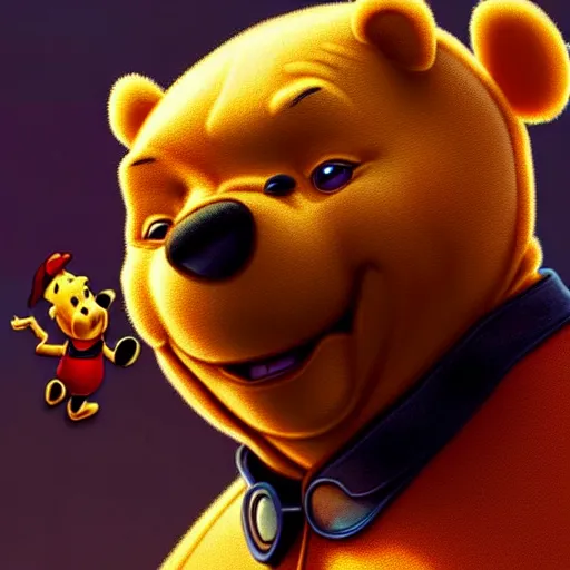 Prompt: xi jinping : : polished evil cyborg dictator winnie the pooh : : weta pixar movie still photo : : hi - fructose, sci fi decadent highly - detailed digital painting, golden ratio, octane render, artstation, smooth, sharp focus, scott robertson, artgerm, mucha, loish, wlop : :