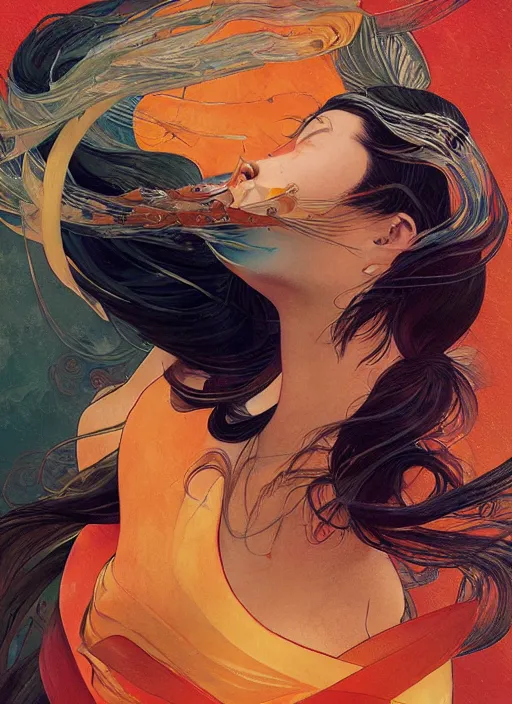 Image similar to portrait of mulan, koi fish, orange spike aura in motion, floating pieces, painted art by tsuyoshi nagano, greg rutkowski, artgerm, alphonse mucha, spike painting