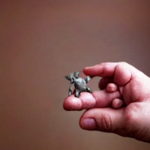 Prompt: a tiny pigmy baby demon in the palm of a person's hand, super cute