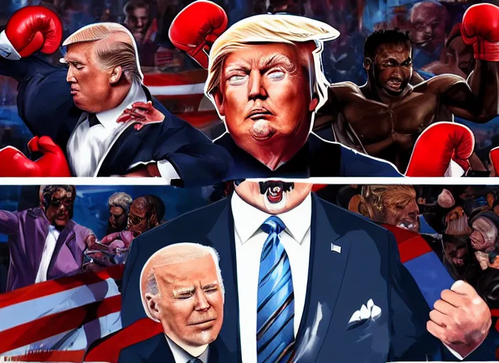 Image similar to hyper detailed ultra sharp full body character portrait of donald trump in a boxing match with joe biden, cinematic lighting, good value control, league of legends splash art, photorealistic eyes, smooth, realistic shading, enhance face, painted texture maps,