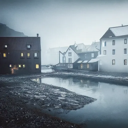 Image similar to icelandic fishing village with rustic architecture. cyberpunk style. apocalyptic style. photo. photorealistic. nebulous. fog.