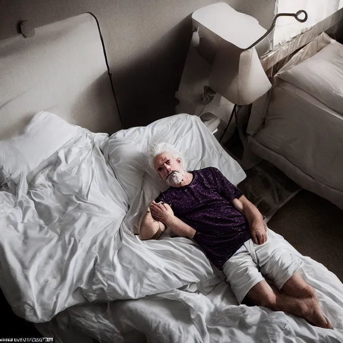 Image similar to a 7 0 year old white haired man lays on a bed, a transparent iridescent figure levitates above him, by gregory crewdson, canon eos c 3 0 0, ƒ 1. 8, 3 5 mm, 8 k, medium - format print