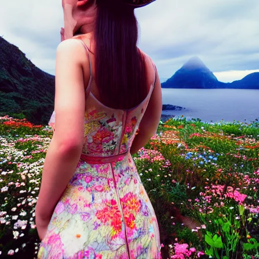 Image similar to a photograph of the most beautiful woman that has ever existed, surrounded by unique natural sightseeing accompanied by the most delicate flowers.