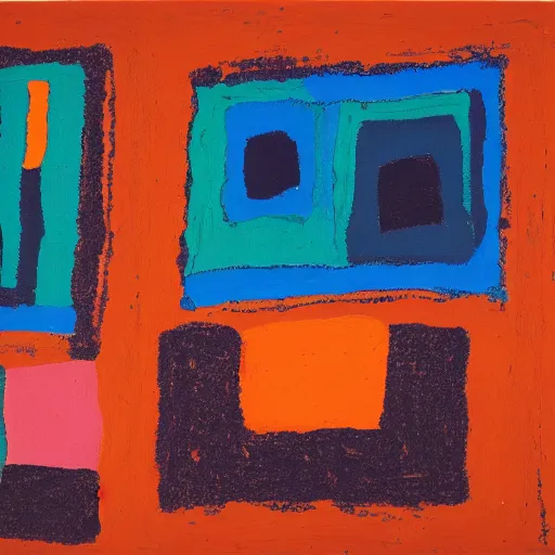 Image similar to fluorescent blue, dark orange by etel adnan daring. the land art shows four people sitting in a diner late at night. the people in the land art look tired & lonely. the land art is set in new york city & shows the city's skyline in the background.