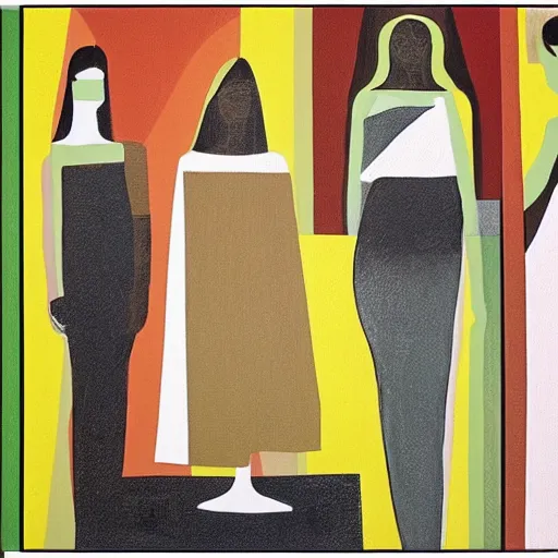 Prompt: A modern abstract painting, depicting three women figures in three different rooms doing different poses, modern earthy neutral earthy, interesting geometry, in the style of Gary Hume