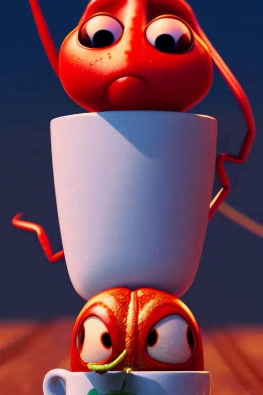 Image similar to a red ladybug with big eyes on side of a cup of coffee and a suggar pot at picnic. pixar disney 4 k 3 d render movie oscar winning trending on artstation and behance. ratatouille style.