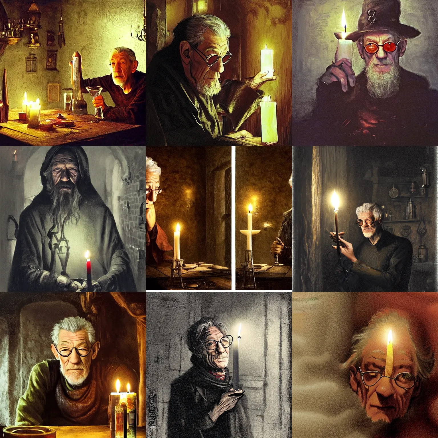 Prompt: skinny, cautious, paranoid! 7 0 years old alchemist ( ian mckellen with a long goatee and with scissor glasses ), looks around in a dark medieval inn. close up, ( ( dark shadows ) ), colorful, candle light!, law contrasts, fantasy concept art by jakub rozalski, jan matejko, and j. dickenson