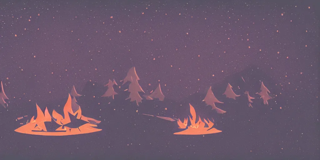 Prompt: a campfire under the stars with comets, 1940s faded risograph print, illustration, limited color palette, earthtones, double-exposure, astrophotography, claymation, sharp