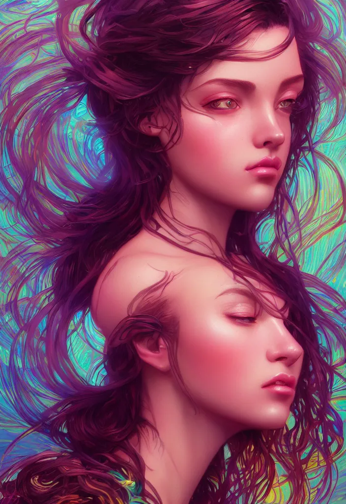 Image similar to beautiful, young woman, detailed gorgeous face, vaporwave aesthetic, synthwave, colorful, psychedelic, artstation, concept art, smooth, extremely sharp detail, finely tuned detail, ultra high definition, 8 k, unreal engine 5, ultra sharp focus, illustration, art by artgerm, greg rutkowski and alphonse mucha