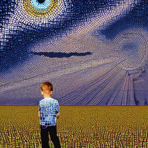 Prompt: a boy in a field with a sky background, a mosaic of screens by jeffrey smith, behance contest winner, generative art, circuitry, fractalism, behance hd