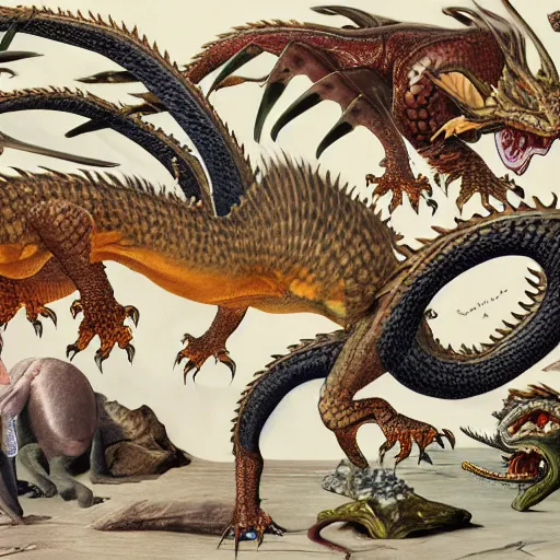 Image similar to scientific illistration of a species of dragon showing an examples of a males and female of each the species, biological illustrations, art by john james audubon robert stebbins and terryl whitlatch and david sibley and charles darwin, highly detailed, intricately detailed, 8 k, trending on artstation