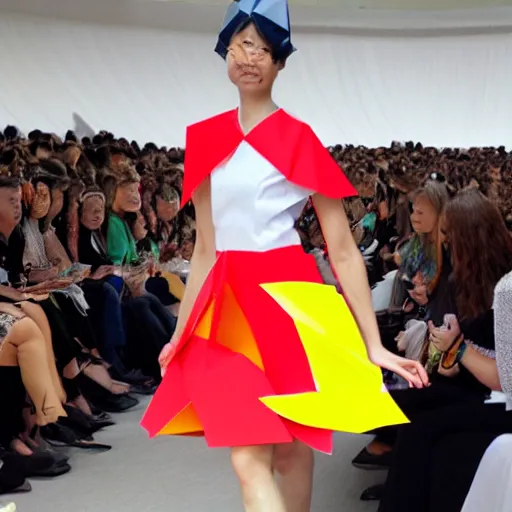 Image similar to beautiful model wearing origami - themed huge paper flower fashion runway by issey miyake