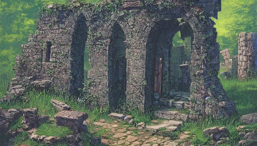 Prompt: a crypt entrance within a ruined castle graveyard, artwork by greg hildebrandt, vibrant colors, 8 0 s dnd