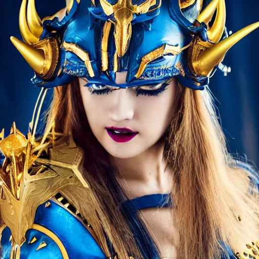 Prompt: close up headshot of a woman in elaborate blue and gold armor with spiked horns on her helmet, cosplay, photoshoot, photograph by Zhang Jingna