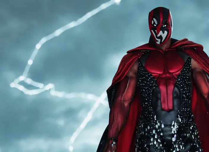 Image similar to film still of michael b jordan as spawn in the new spawn movie, giant chains, large cape, 8 k
