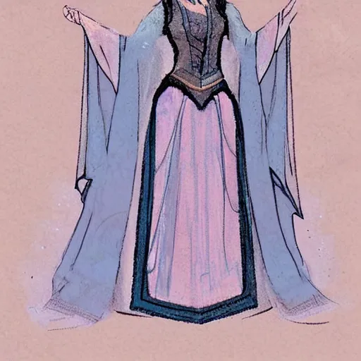 Prompt: concept art for a LARP costume, long layered robes decorated with constellation patterns, light pastel color scheme, long sleeves, elegant, graceful, serene, refined, poised, focused, subtle, poise