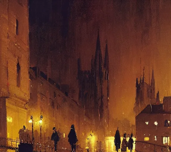 Image similar to midnight, a busy street near a cathedral by noel harry leaver, 1 8 8 9, pascal campion