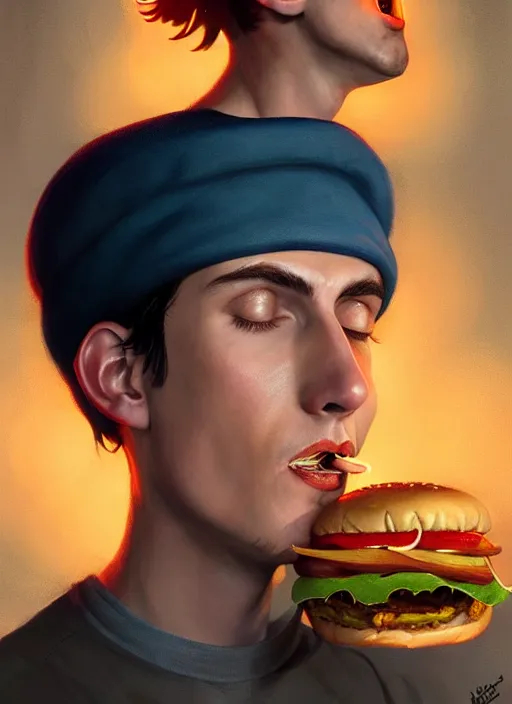 Image similar to portrait of jughead jones, eating a hamburger, wearing a crown, eyes closed, intricate, elegant, glowing lights, highly detailed, digital painting, artstation, concept art, smooth, sharp focus, illustration, art by wlop, mars ravelo and greg rutkowski