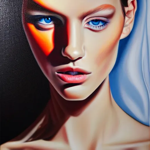 Image similar to hyperrealism oil painting, fashion model with half robot face