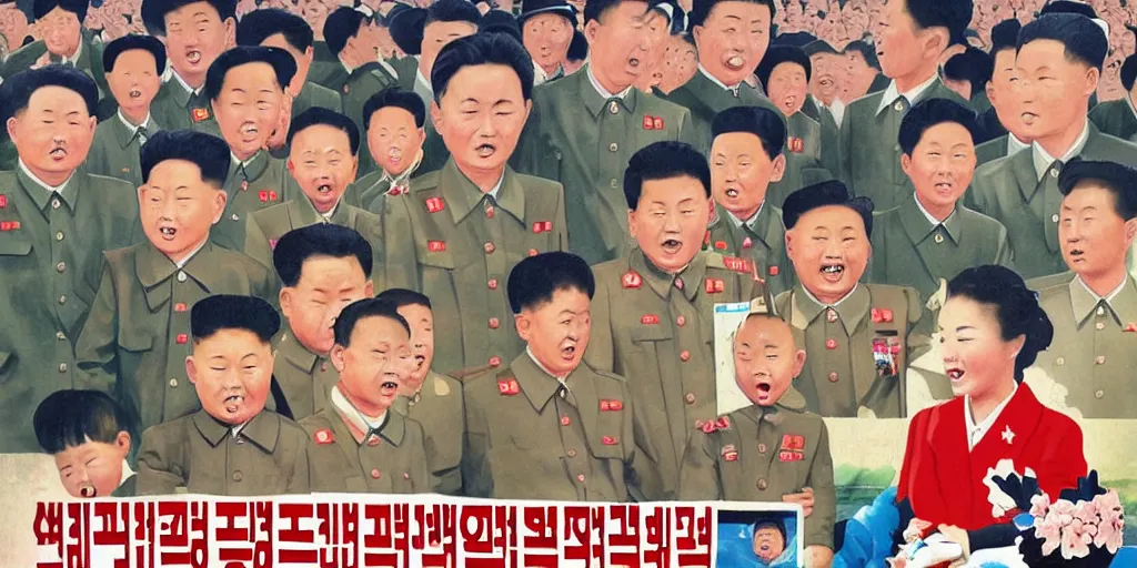 Prompt: north korean propaganda poster with children surrounding dear leader and generals crying in the background