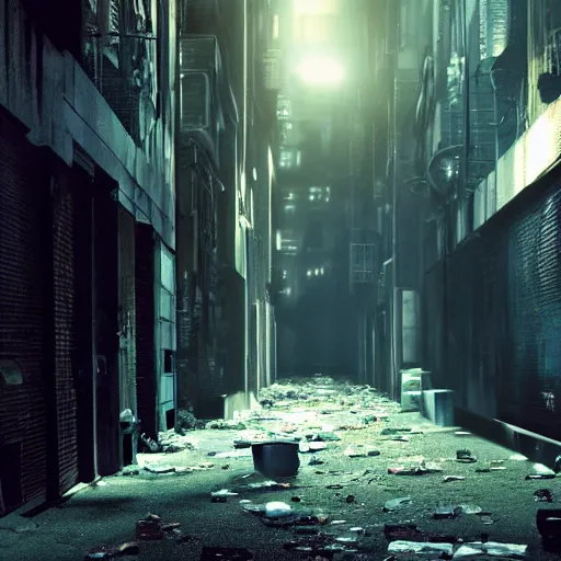 Image similar to a cinematic frame of a dead end alleyway in a futuristic dystopian city, night time, littered with garbage, cold blue lighting, shot by roger deakins, brutalist architecture, damp, cityscape, vanishing point perspective, roger deakins, cinematography, chris nolan movie
