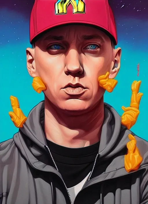 Prompt: eminem at mcdonalds, tristan eaton, victo ngai, artgerm, rhads, ross draws